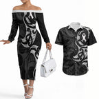 White Ribbon Day New Zealand Couples Matching Off The Shoulder Long Sleeve Dress and Hawaiian Shirt Aotearoa Maori Pattern