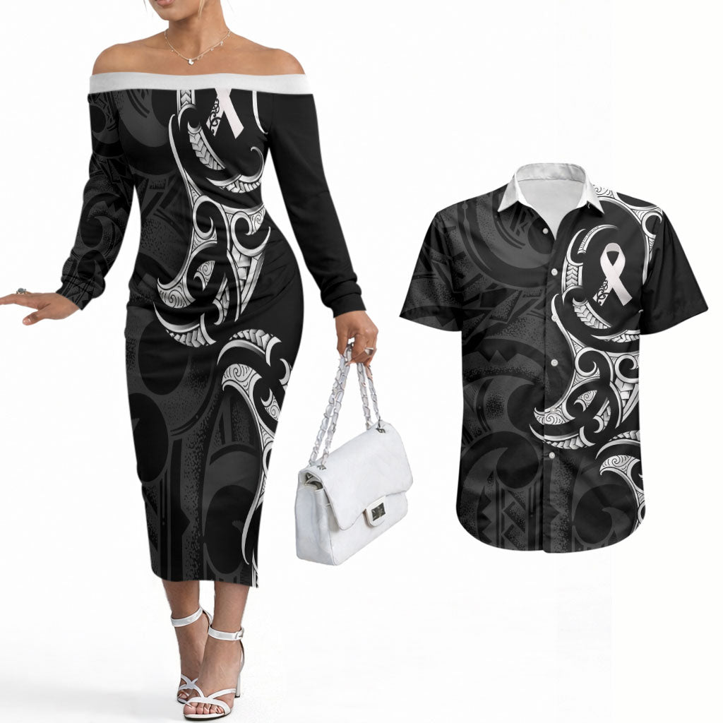 White Ribbon Day New Zealand Couples Matching Off The Shoulder Long Sleeve Dress and Hawaiian Shirt Aotearoa Maori Pattern