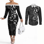White Ribbon Day New Zealand Couples Matching Off The Shoulder Long Sleeve Dress and Long Sleeve Button Shirt Aotearoa Maori Pattern