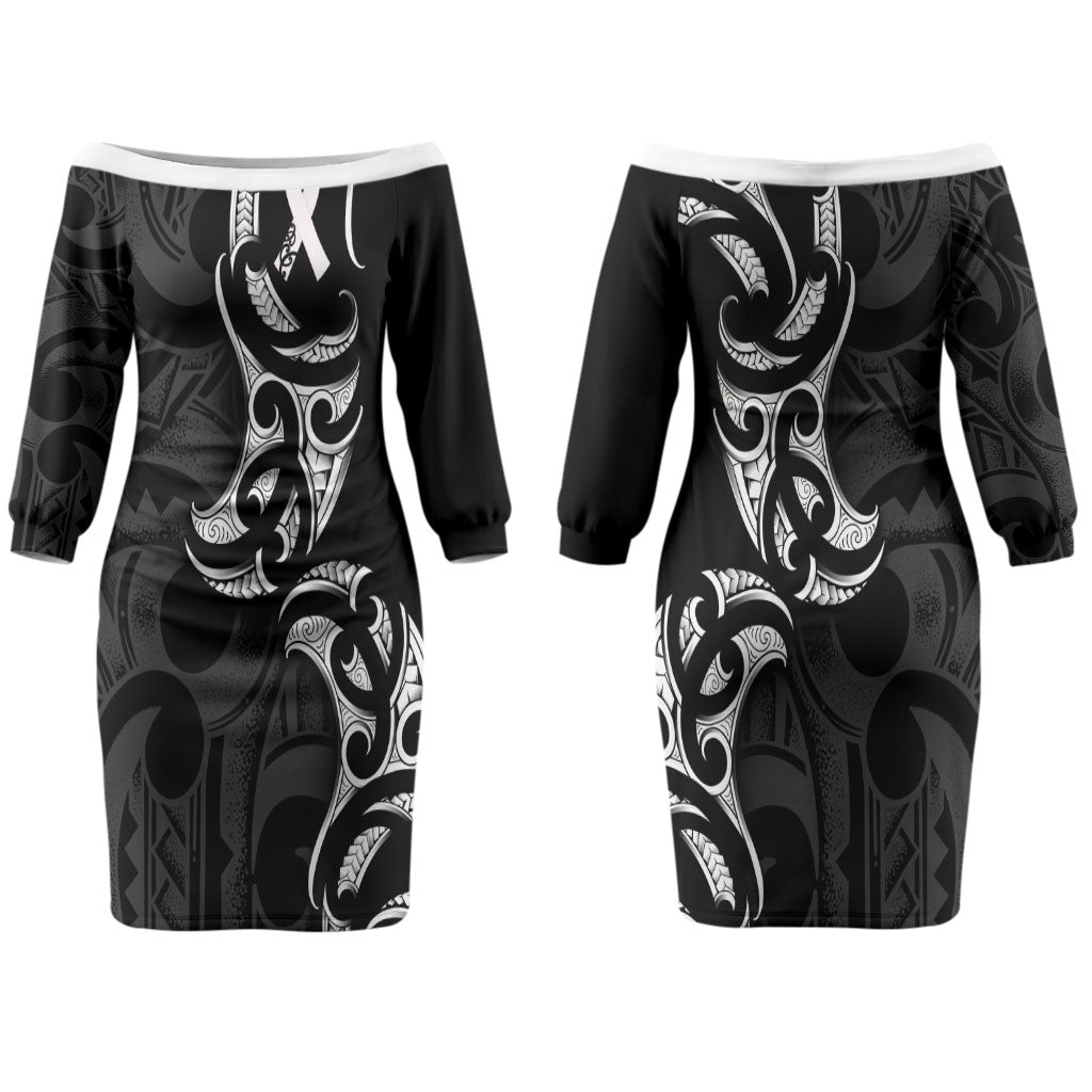 White Ribbon Day New Zealand Couples Matching Off The Shoulder Long Sleeve Dress and Long Sleeve Button Shirt Aotearoa Maori Pattern
