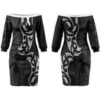 White Ribbon Day New Zealand Couples Matching Off The Shoulder Long Sleeve Dress and Long Sleeve Button Shirt Aotearoa Maori Pattern