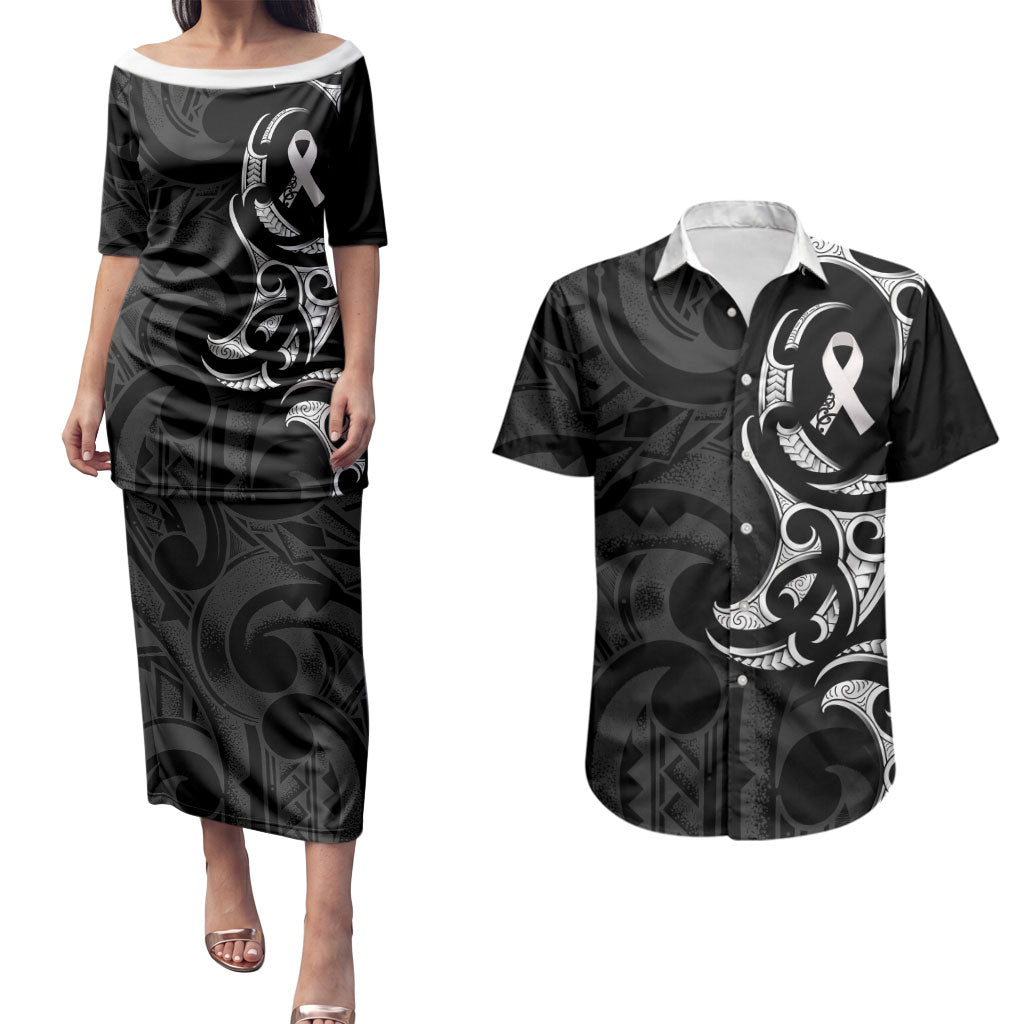 White Ribbon Day New Zealand Couples Matching Puletasi and Hawaiian Shirt Aotearoa Maori Pattern