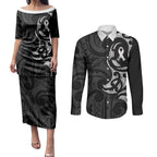 White Ribbon Day New Zealand Couples Matching Puletasi and Long Sleeve Button Shirt Aotearoa Maori Pattern