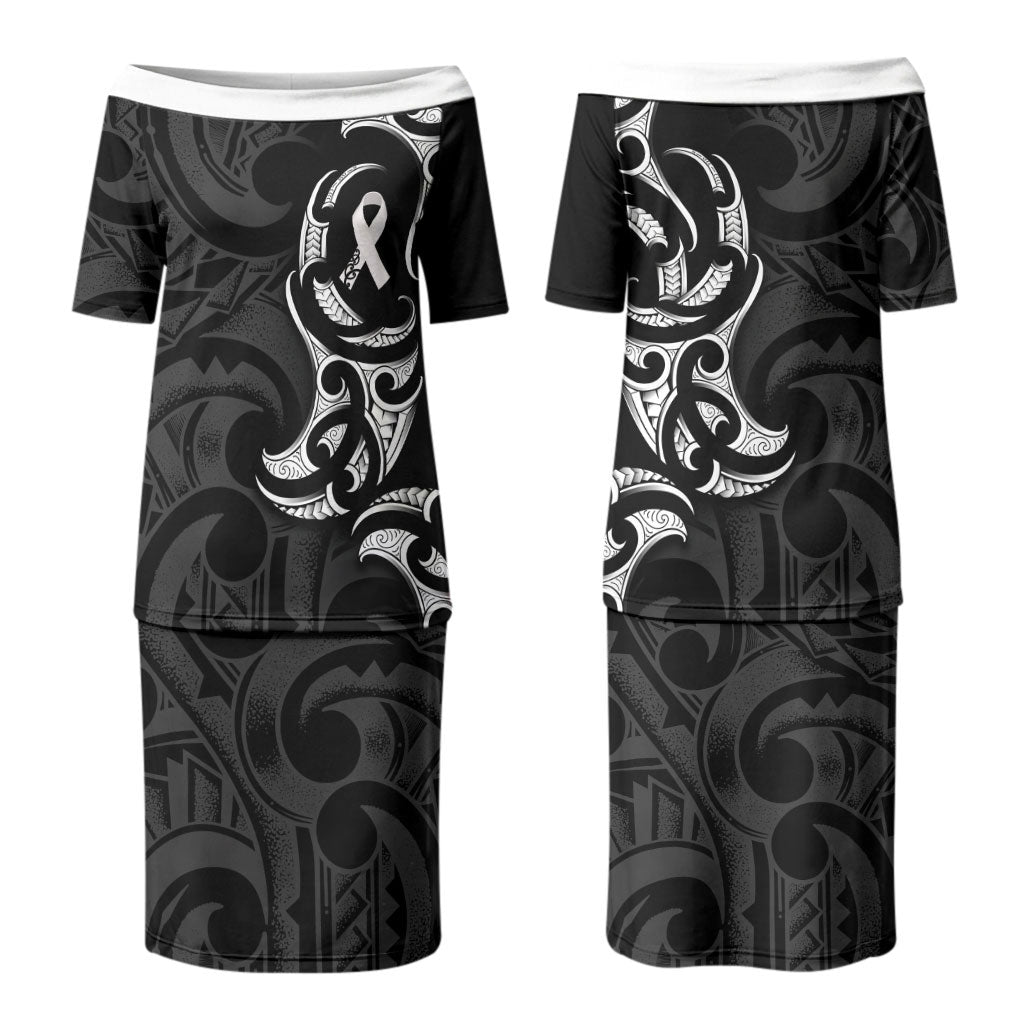 White Ribbon Day New Zealand Couples Matching Puletasi and Long Sleeve Button Shirt Aotearoa Maori Pattern