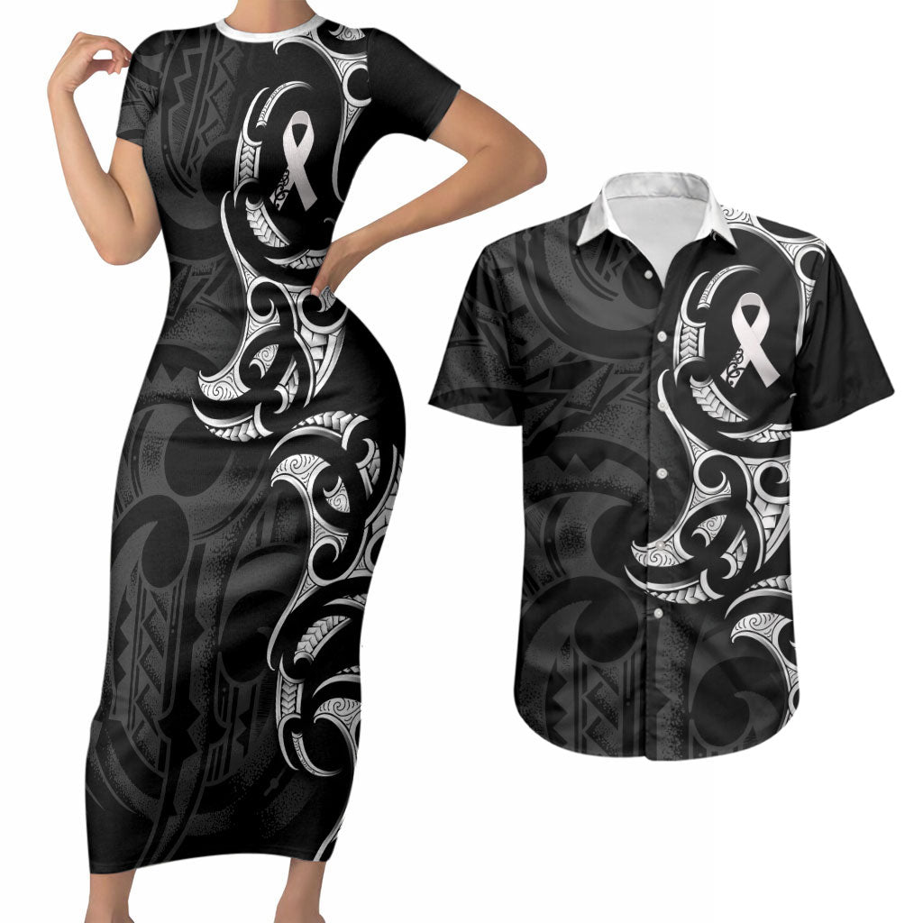 White Ribbon Day New Zealand Couples Matching Short Sleeve Bodycon Dress and Hawaiian Shirt Aotearoa Maori Pattern
