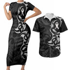White Ribbon Day New Zealand Couples Matching Short Sleeve Bodycon Dress and Hawaiian Shirt Aotearoa Maori Pattern