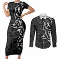 White Ribbon Day New Zealand Couples Matching Short Sleeve Bodycon Dress and Long Sleeve Button Shirt Aotearoa Maori Pattern