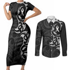 White Ribbon Day New Zealand Couples Matching Short Sleeve Bodycon Dress and Long Sleeve Button Shirt Aotearoa Maori Pattern