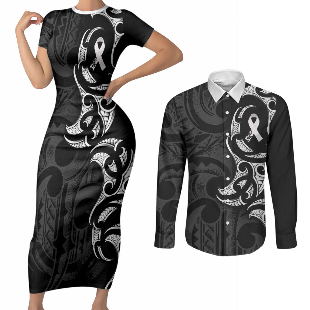 White Ribbon Day New Zealand Couples Matching Short Sleeve Bodycon Dress and Long Sleeve Button Shirt Aotearoa Maori Pattern