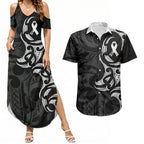 White Ribbon Day New Zealand Couples Matching Summer Maxi Dress and Hawaiian Shirt Aotearoa Maori Pattern