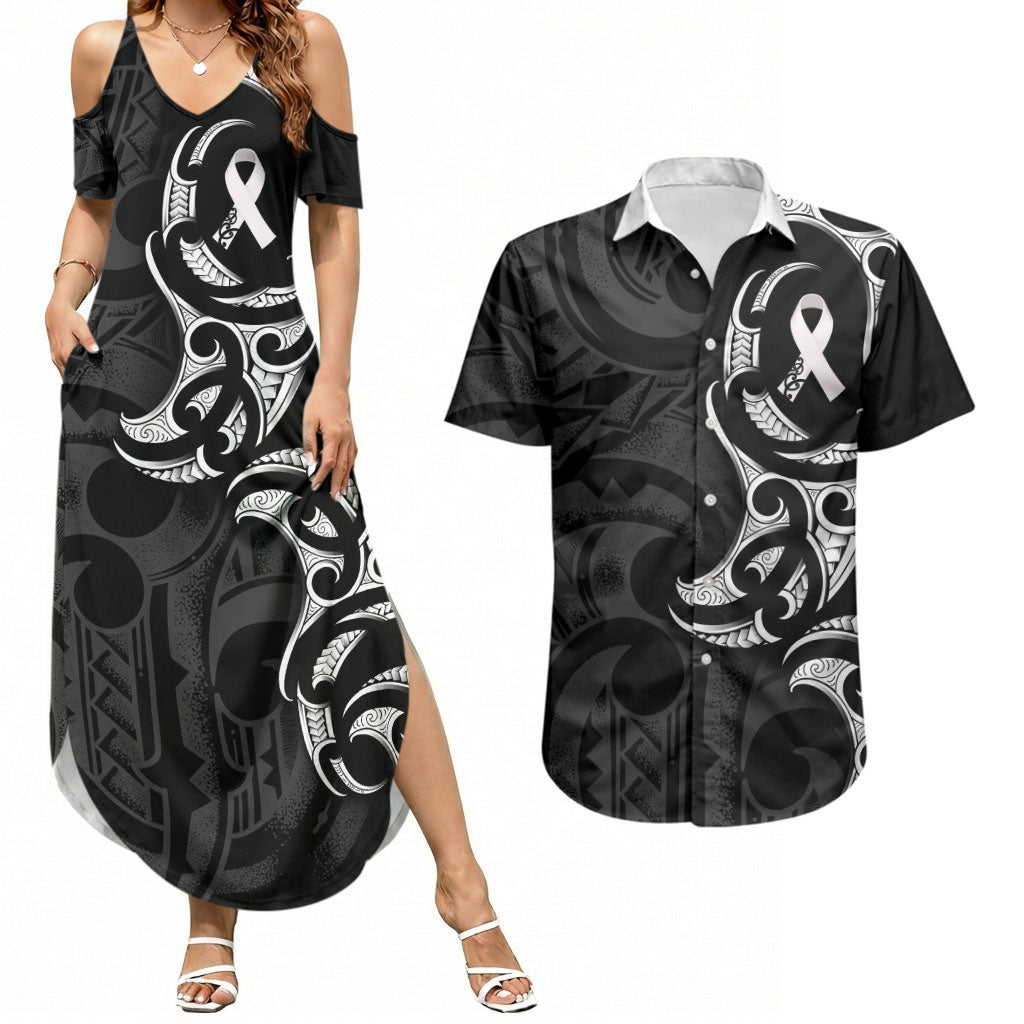 White Ribbon Day New Zealand Couples Matching Summer Maxi Dress and Hawaiian Shirt Aotearoa Maori Pattern