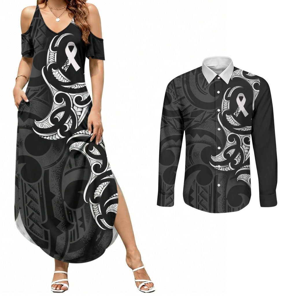 White Ribbon Day New Zealand Couples Matching Summer Maxi Dress and Long Sleeve Button Shirt Aotearoa Maori Pattern