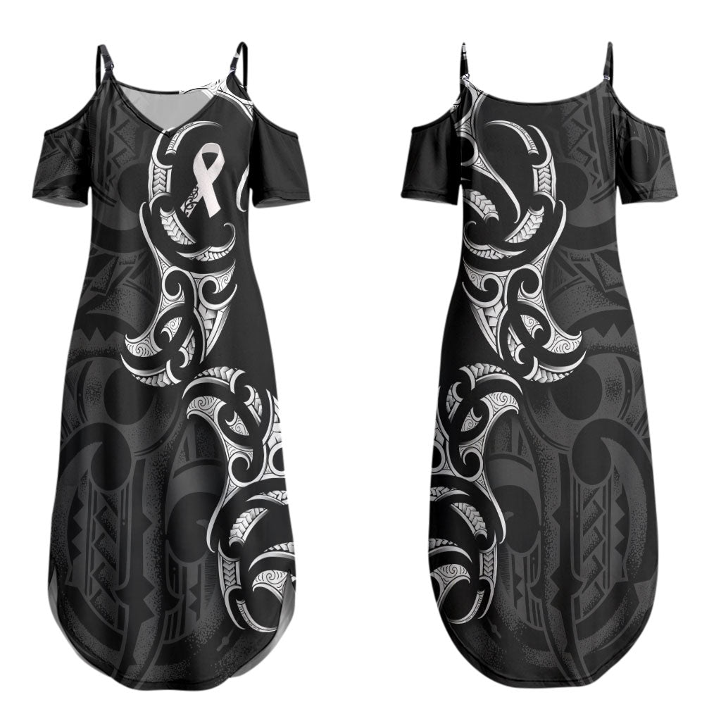 White Ribbon Day New Zealand Couples Matching Summer Maxi Dress and Long Sleeve Button Shirt Aotearoa Maori Pattern