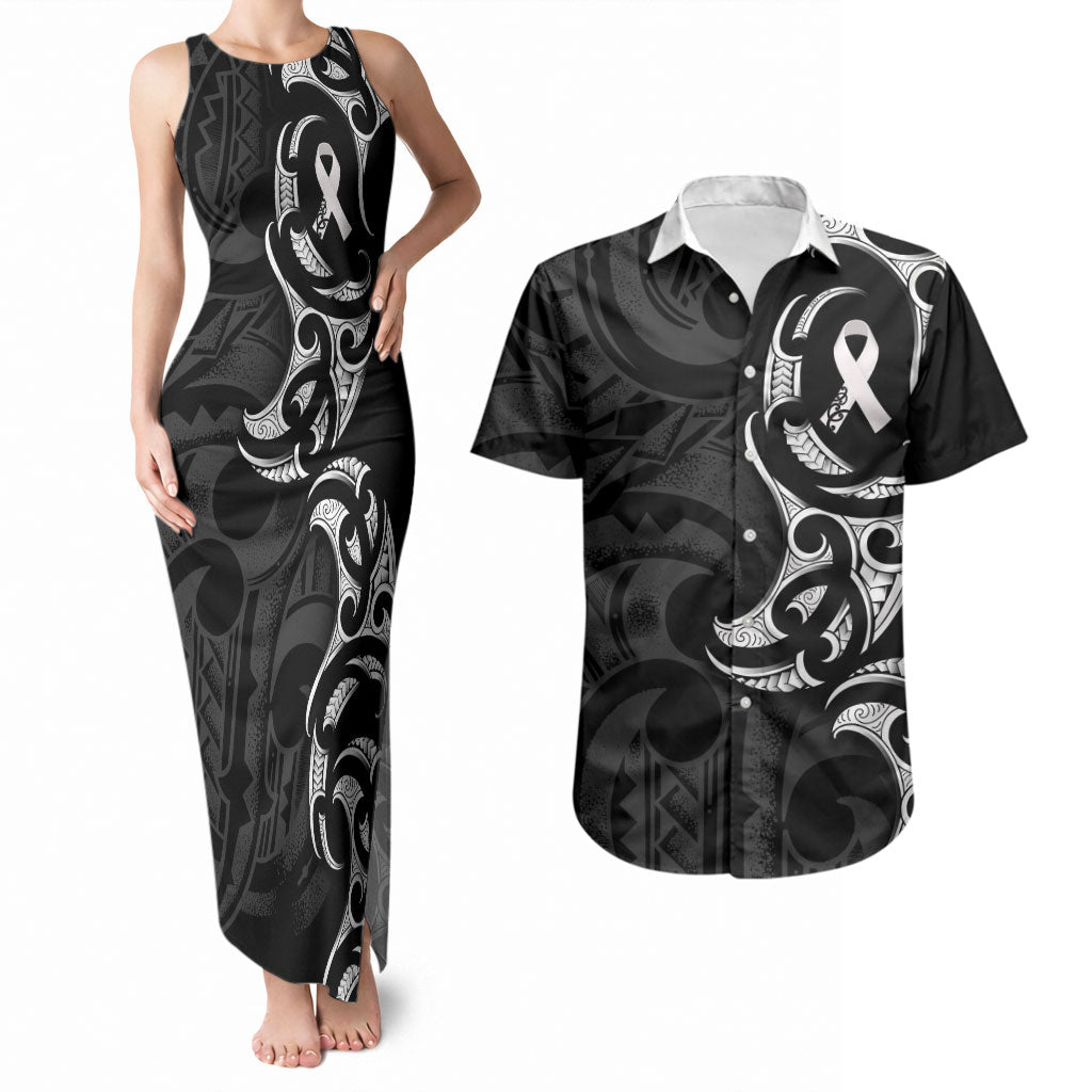 White Ribbon Day New Zealand Couples Matching Tank Maxi Dress and Hawaiian Shirt Aotearoa Maori Pattern