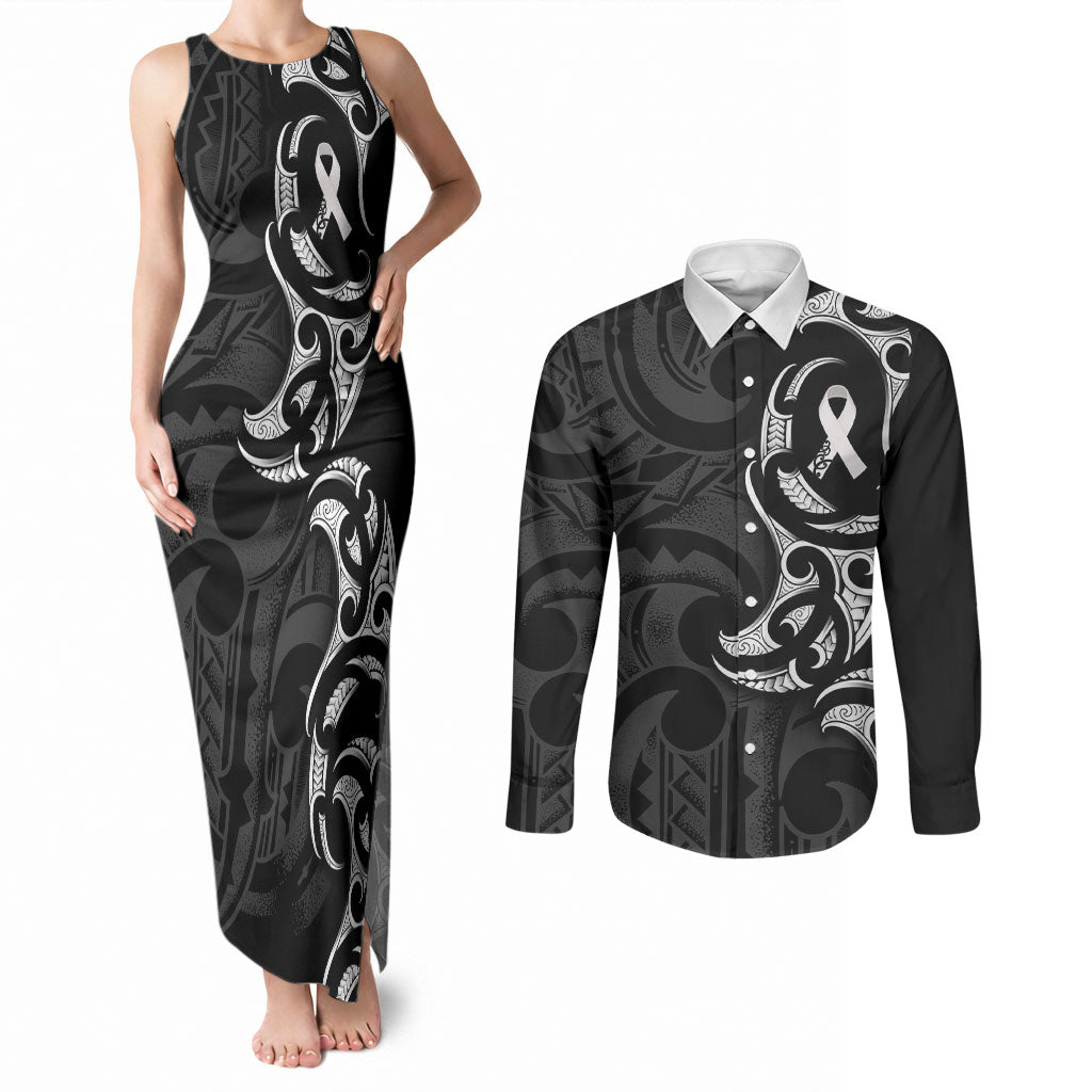 White Ribbon Day New Zealand Couples Matching Tank Maxi Dress and Long Sleeve Button Shirt Aotearoa Maori Pattern
