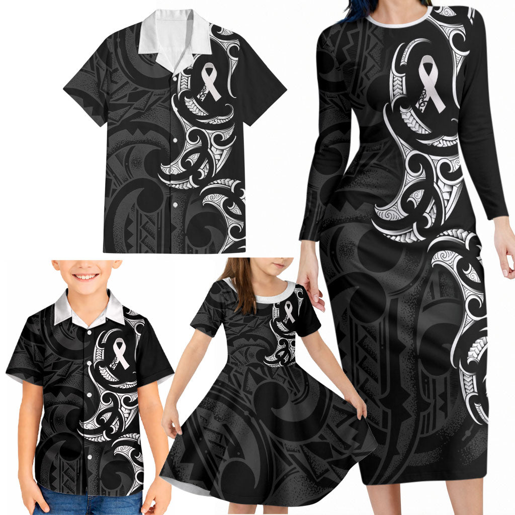 White Ribbon Day New Zealand Family Matching Long Sleeve Bodycon Dress and Hawaiian Shirt Aotearoa Maori Pattern