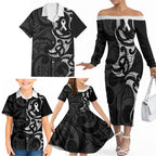 White Ribbon Day New Zealand Family Matching Off The Shoulder Long Sleeve Dress and Hawaiian Shirt Aotearoa Maori Pattern