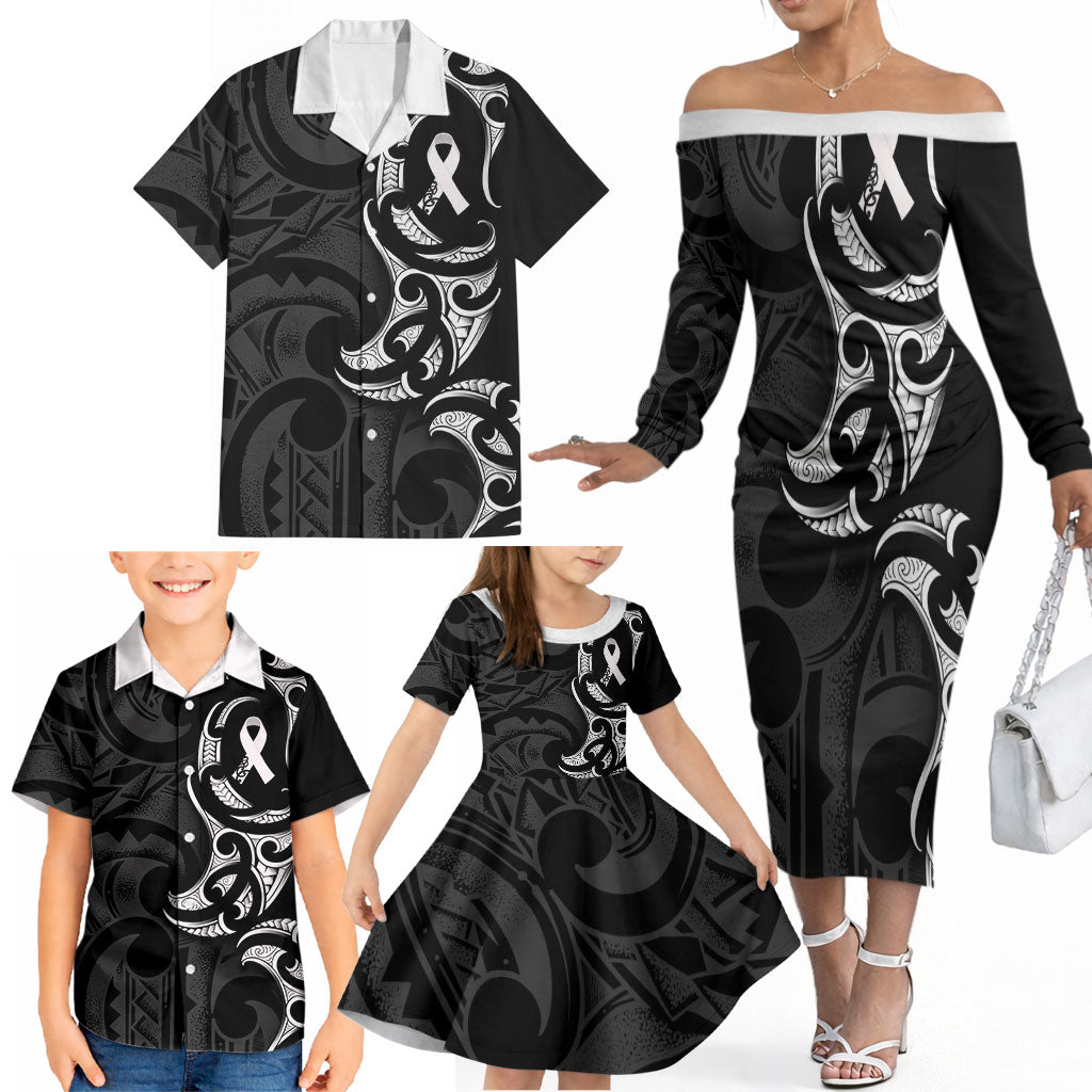 White Ribbon Day New Zealand Family Matching Off The Shoulder Long Sleeve Dress and Hawaiian Shirt Aotearoa Maori Pattern