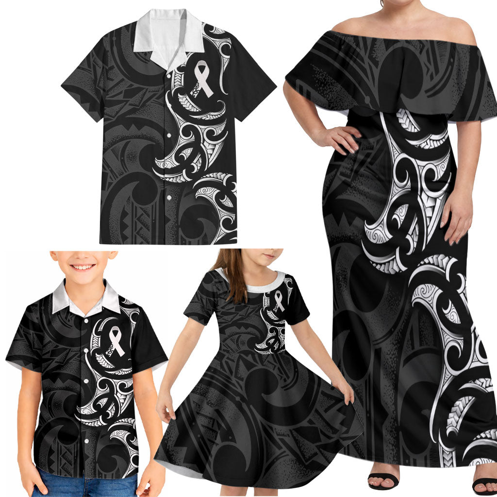 White Ribbon Day New Zealand Family Matching Off Shoulder Maxi Dress and Hawaiian Shirt Aotearoa Maori Pattern