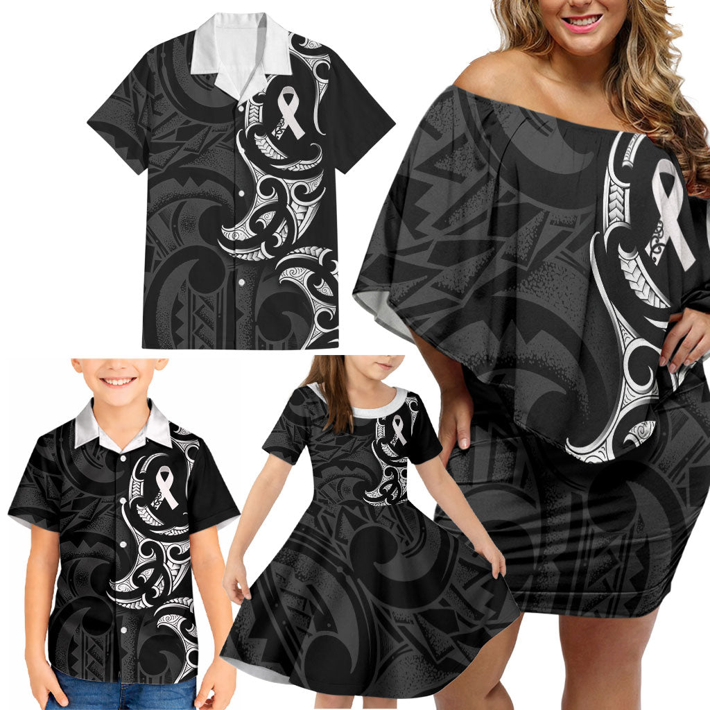 White Ribbon Day New Zealand Family Matching Off Shoulder Short Dress and Hawaiian Shirt Aotearoa Maori Pattern