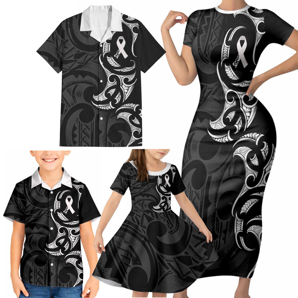 White Ribbon Day New Zealand Family Matching Short Sleeve Bodycon Dress and Hawaiian Shirt Aotearoa Maori Pattern