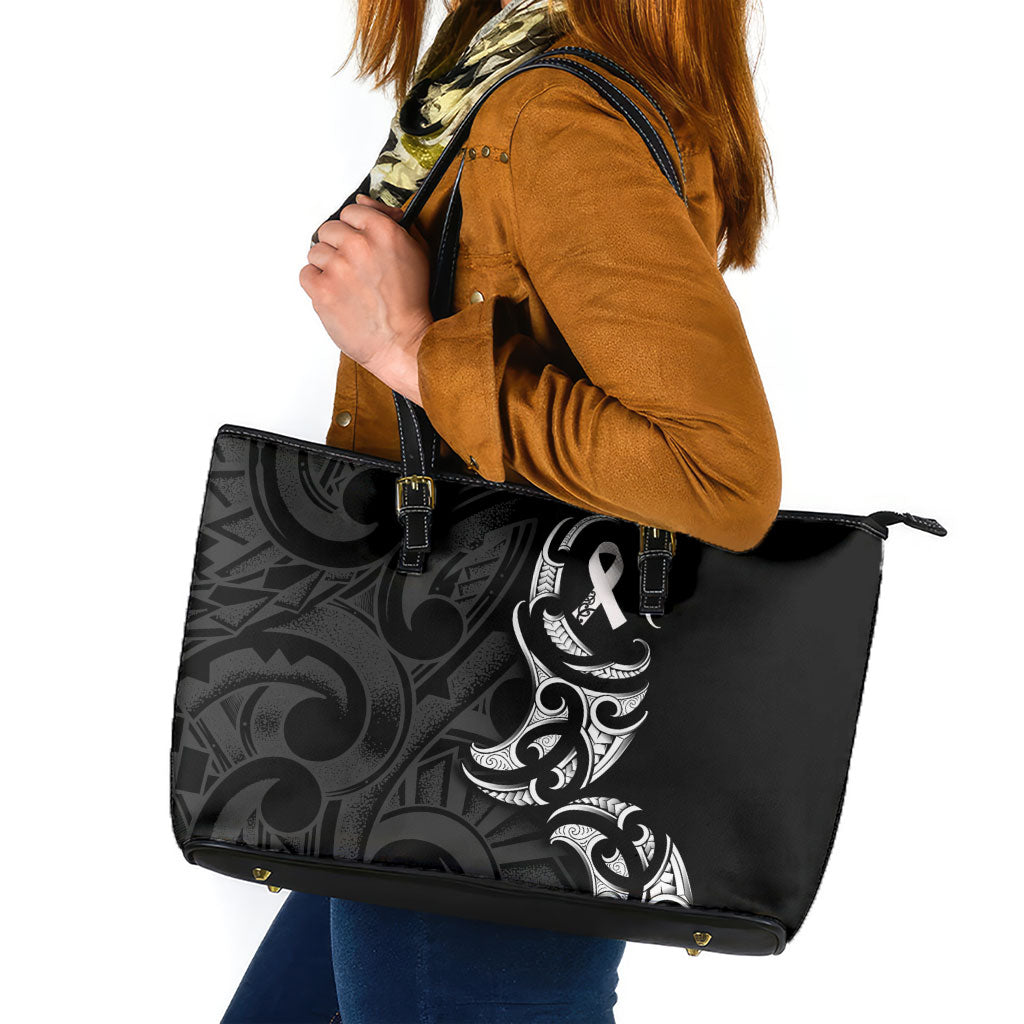White Ribbon Day New Zealand Leather Tote Bag Aotearoa Maori Pattern