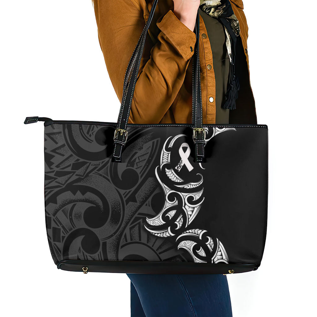 White Ribbon Day New Zealand Leather Tote Bag Aotearoa Maori Pattern