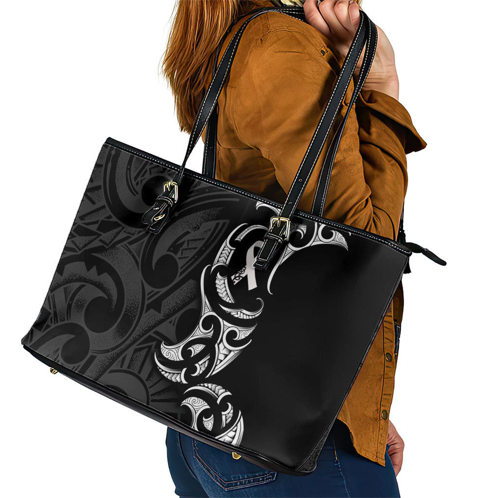 White Ribbon Day New Zealand Leather Tote Bag Aotearoa Maori Pattern