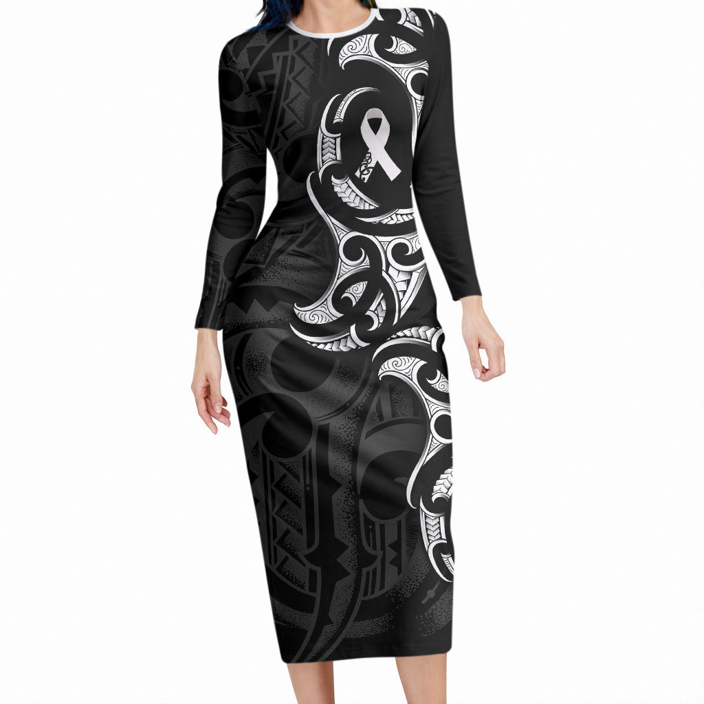 White Ribbon Day New Zealand Long Sleeve Bodycon Dress Aotearoa Maori Pattern