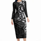 White Ribbon Day New Zealand Long Sleeve Bodycon Dress Aotearoa Maori Pattern