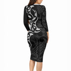 White Ribbon Day New Zealand Long Sleeve Bodycon Dress Aotearoa Maori Pattern