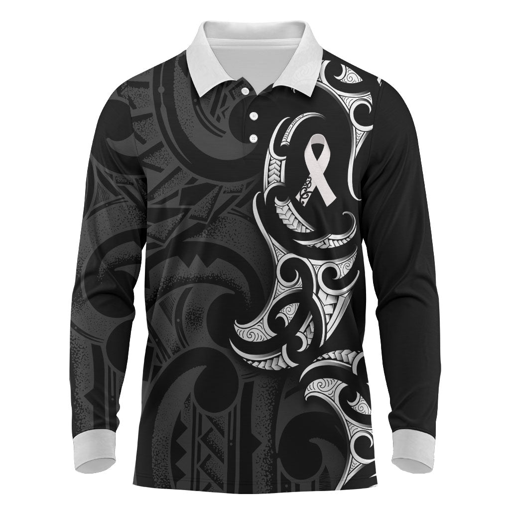 White Ribbon Day New Zealand Long Sleeve Polo Shirt Aotearoa Maori Pattern