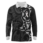 White Ribbon Day New Zealand Long Sleeve Polo Shirt Aotearoa Maori Pattern