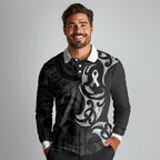 White Ribbon Day New Zealand Long Sleeve Polo Shirt Aotearoa Maori Pattern