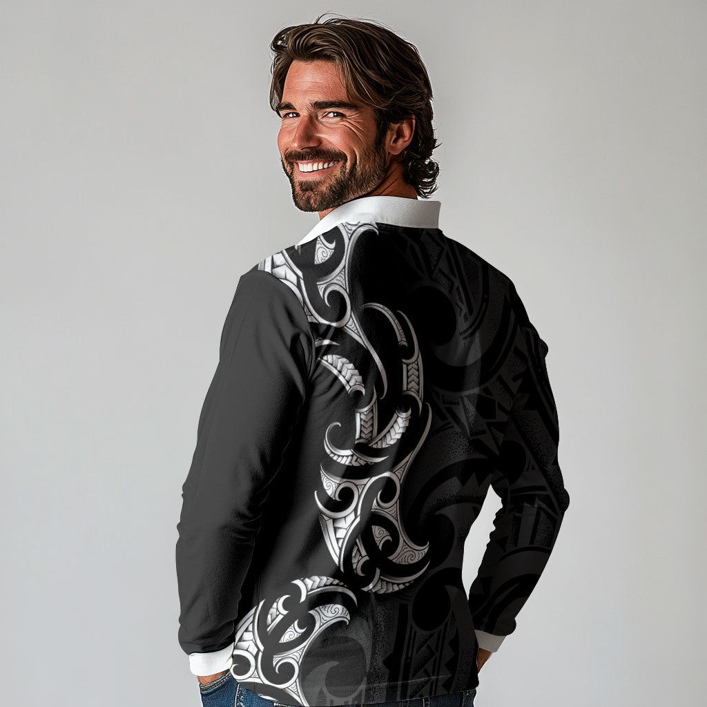 White Ribbon Day New Zealand Long Sleeve Polo Shirt Aotearoa Maori Pattern