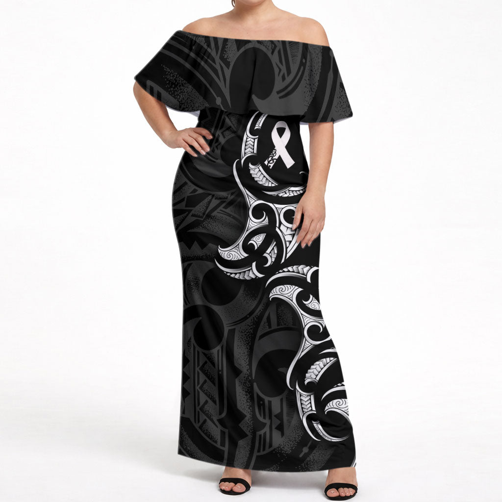 White Ribbon Day New Zealand Off Shoulder Maxi Dress Aotearoa Maori Pattern