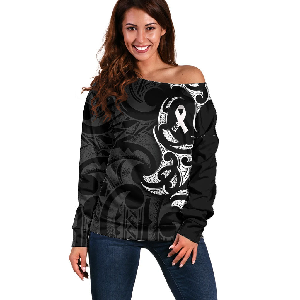 White Ribbon Day New Zealand Off Shoulder Sweater Aotearoa Maori Pattern