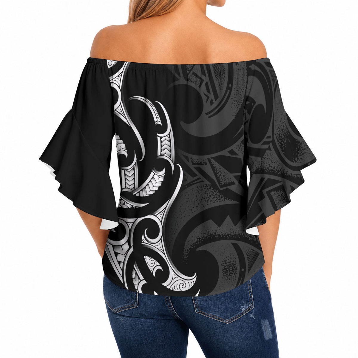 White Ribbon Day New Zealand Off Shoulder Wrap Waist Top Aotearoa Maori Pattern