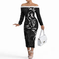 White Ribbon Day New Zealand Off The Shoulder Long Sleeve Dress Aotearoa Maori Pattern