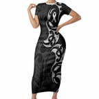 White Ribbon Day New Zealand Short Sleeve Bodycon Dress Aotearoa Maori Pattern