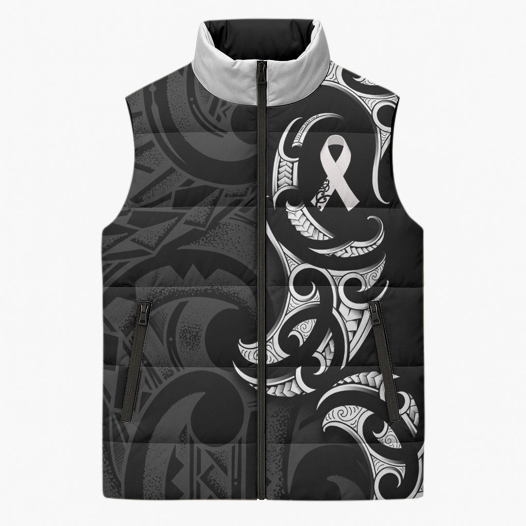 White Ribbon Day New Zealand Sleeveless Puffer Jacket Aotearoa Maori Pattern