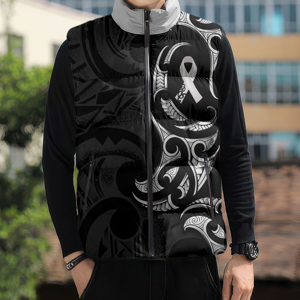 White Ribbon Day New Zealand Sleeveless Puffer Jacket Aotearoa Maori Pattern