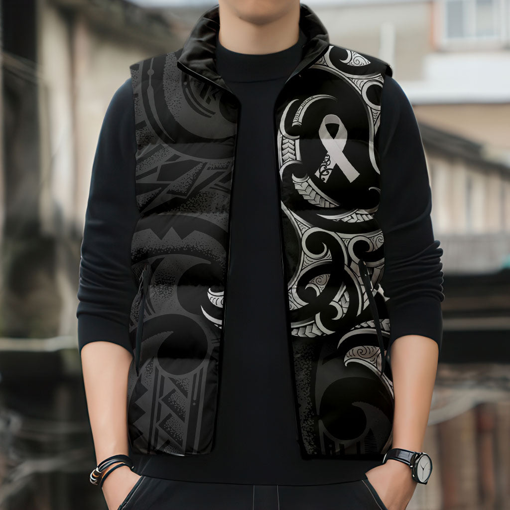 White Ribbon Day New Zealand Sleeveless Puffer Jacket Aotearoa Maori Pattern
