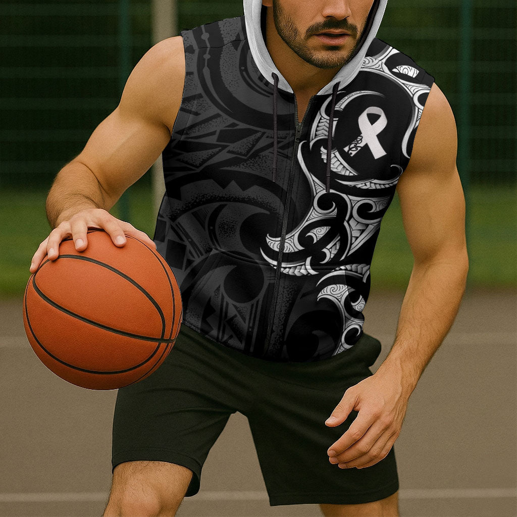White Ribbon Day New Zealand Sleeveless Zip Hoodie Aotearoa Maori Pattern