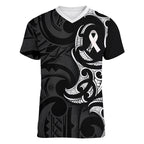 White Ribbon Day New Zealand Women V-Neck T-Shirt Aotearoa Maori Pattern