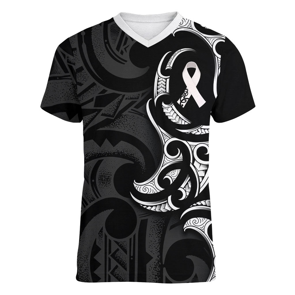 White Ribbon Day New Zealand Women V-Neck T-Shirt Aotearoa Maori Pattern
