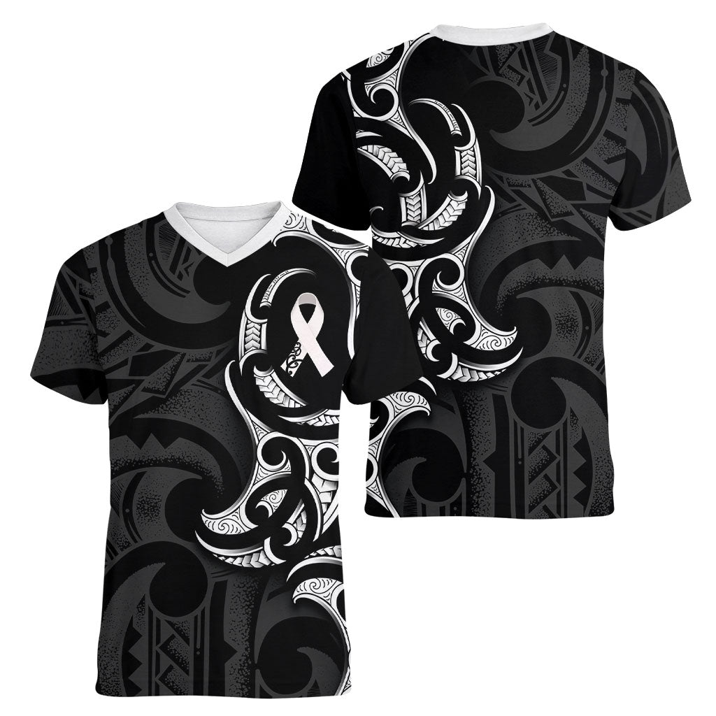 White Ribbon Day New Zealand Women V-Neck T-Shirt Aotearoa Maori Pattern
