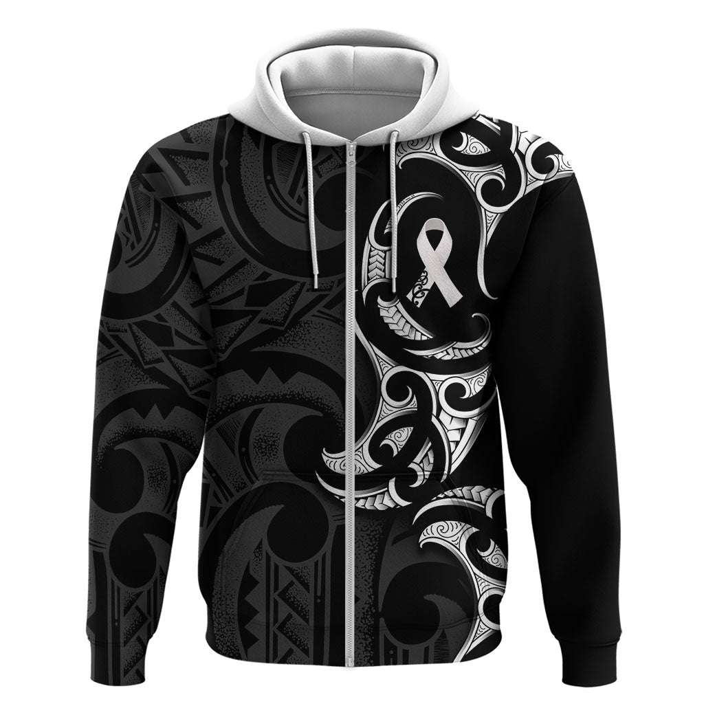 White Ribbon Day New Zealand Zip Hoodie Aotearoa Maori Pattern