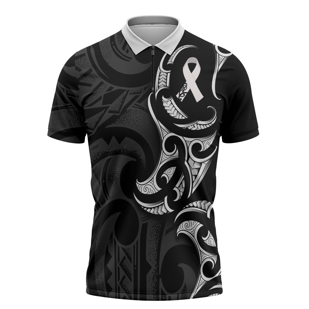 White Ribbon Day New Zealand Zipper Polo Shirt Aotearoa Maori Pattern