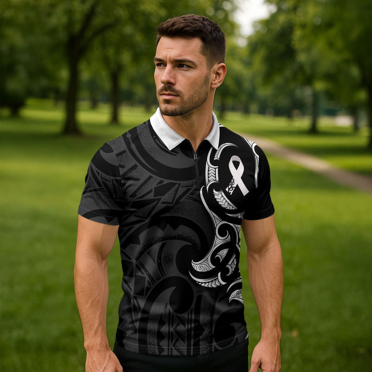White Ribbon Day New Zealand Zipper Polo Shirt Aotearoa Maori Pattern
